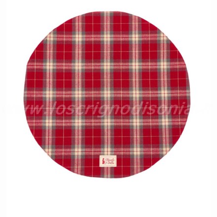 Tovaglietta sottopiatto rotonda della serie Bonnie di Nuvole di Stoffa. Variante tartan rosso. Vista dall'alto