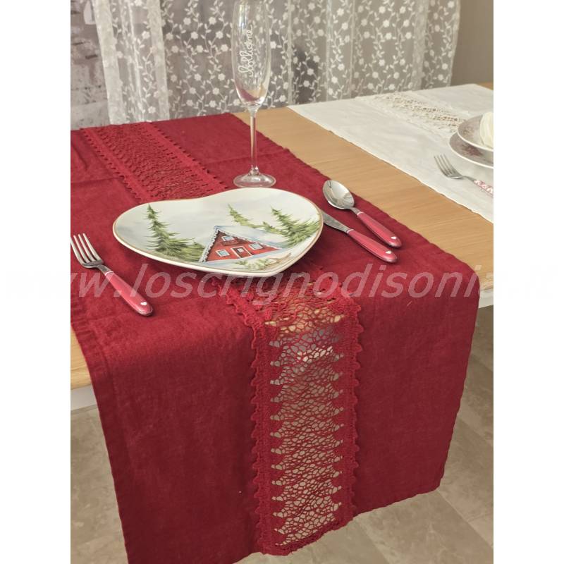 Runner Ramage di Chez Moi 50x150 cm Colore Mosto in lino con pizzo