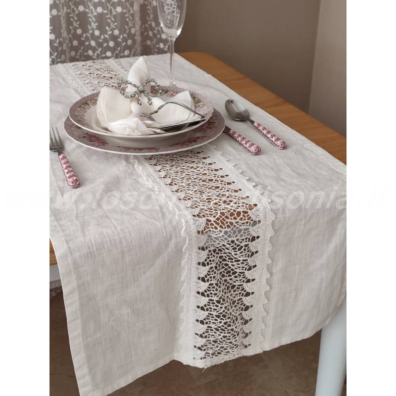 Runner Ramage di Chez Moi 50x150 cm Bianco Naturale in lino con pizzo