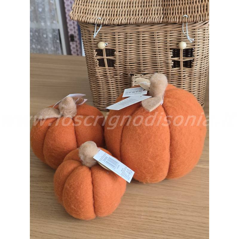 Set 3 Zucche Decorative in Panno Arancione – Altezza 11,5-17,5 cm