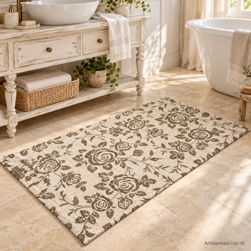 Tappeto Bagno Roses Bianco in Cotone Antiscivolo Lovely Shabby 50x80 cm