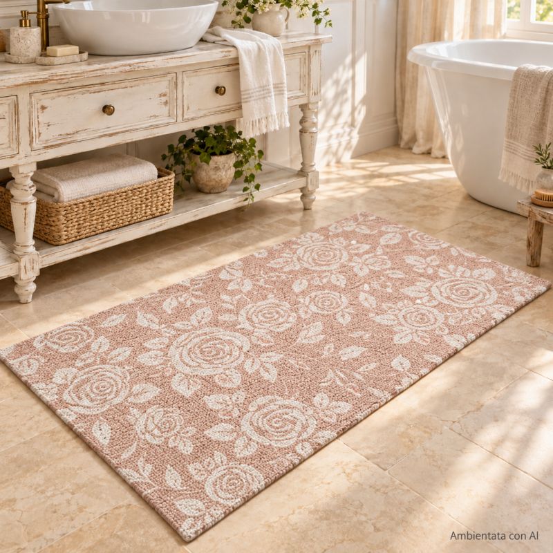 Tappeto Bagno Roses Rosa in Cotone Antiscivolo Lovely Shabby 50x80 cm