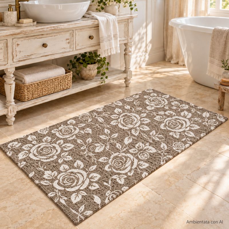 Tappeto Bagno Roses Tortora in Cotone Antiscivolo Lovely Shabby 50x80 cm