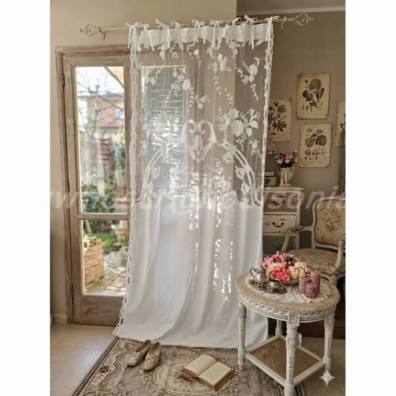 Tenda Shabby Chic in Cotone e Tulle Ricamato Serie Parthenope Bianca – 140x290 cm