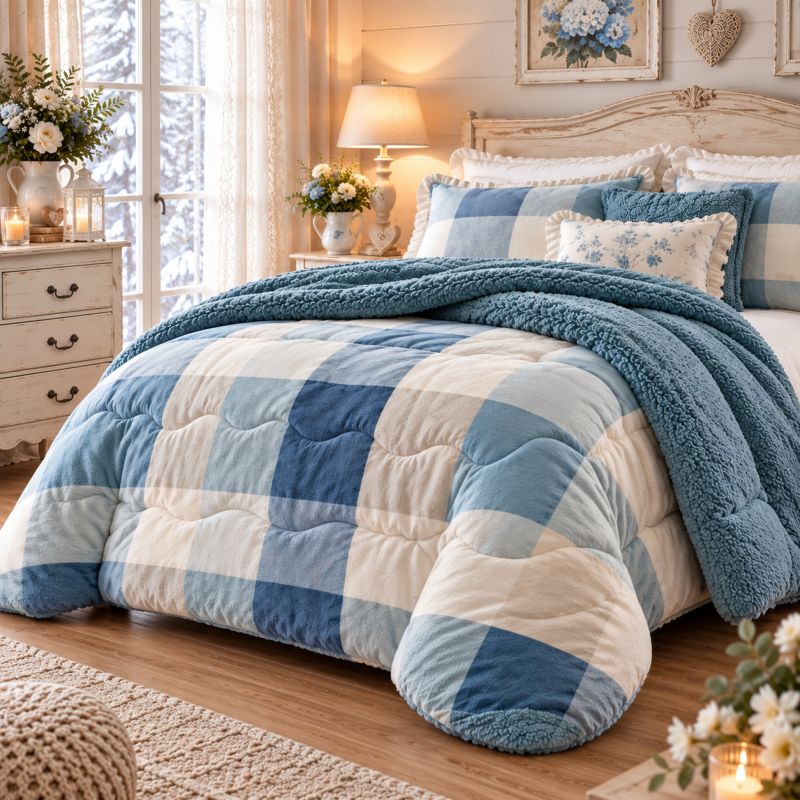 Trapunta Matrimoniale Invernale Sherpa 600 GSM Quadri Azzurri 260x260 cm