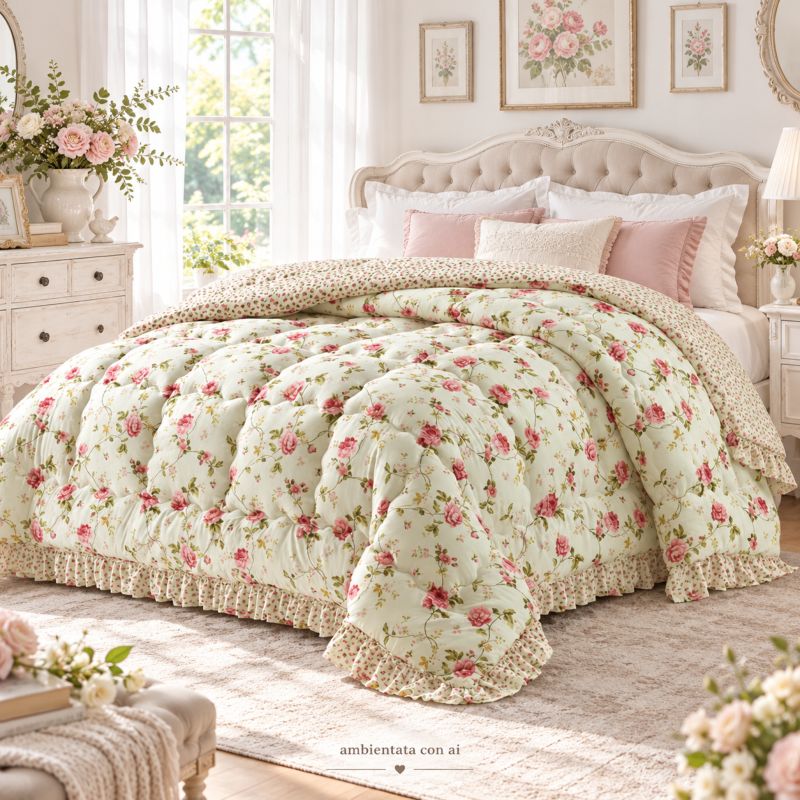 Trapunta Matrimoniale Invernale Vintage Roses Double Face con Doppio Volant 265x270 cm