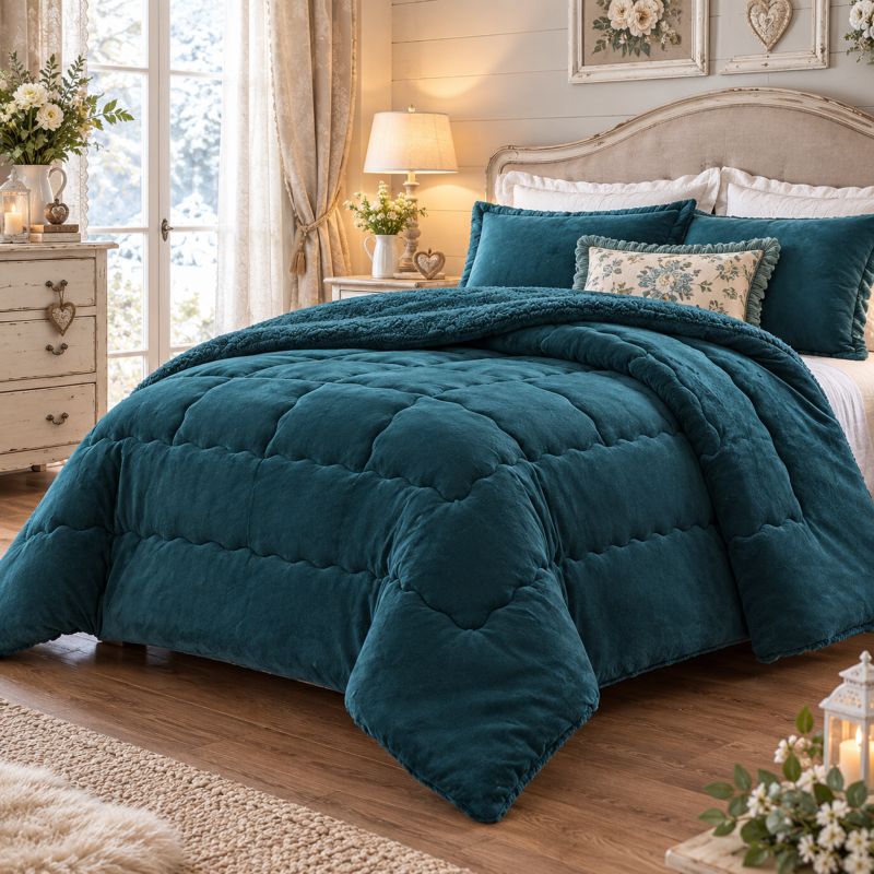 Trapunta Matrimoniale Invernale in Velluto e Interno Sherpa 560 Gsm Colore Petrolio