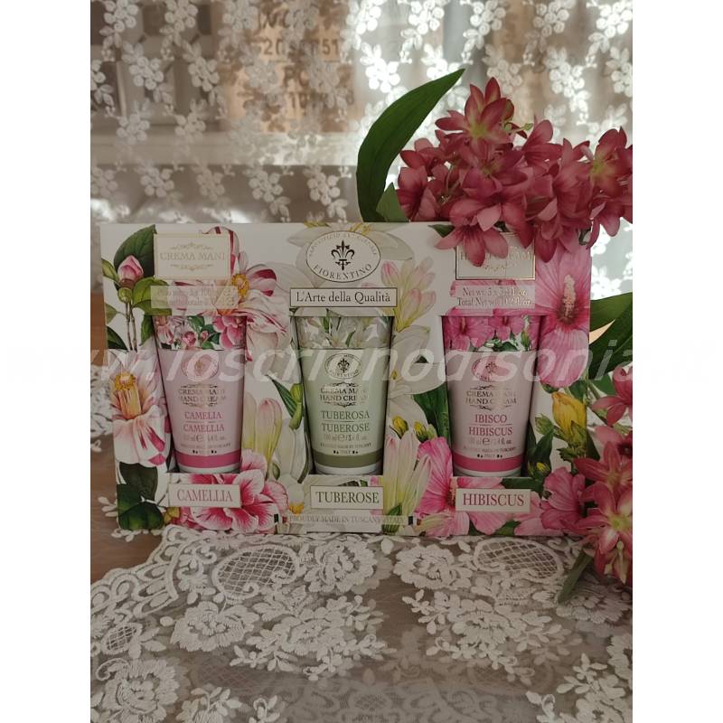 Set di Tre Creme Mani 100 ml – Camelia, Tuberose e Ibiscus in Confezione Regalo – Made in Italy