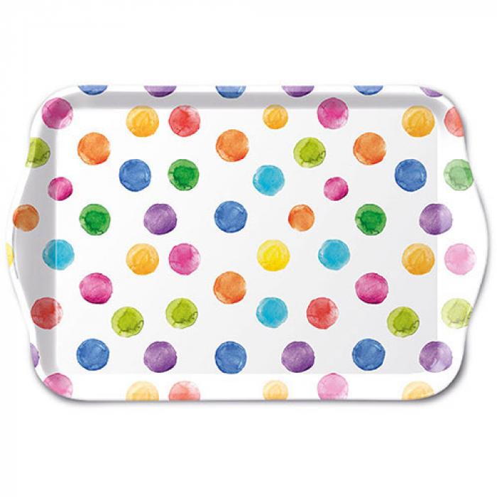 Vassoietto bianco con decoro a pois colorati, serie Polka Dots di Ambiente Europe. Vista dall'alto