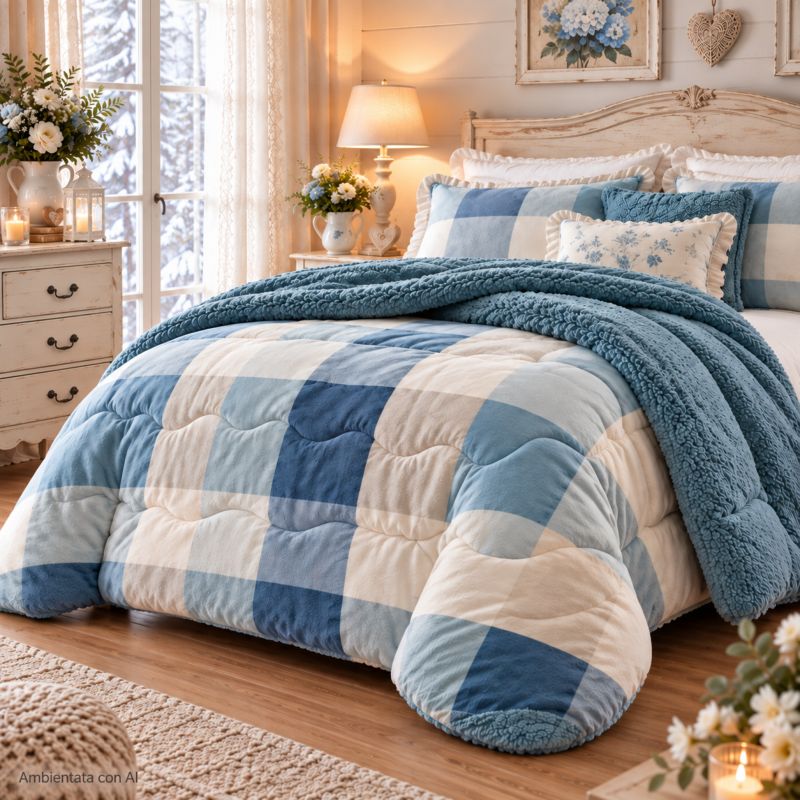 Trapunta matrimoniale a quadri azzurri e panna su letto in una camera shabby chic